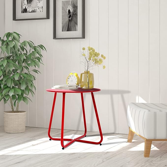 Outdoor Table Small Patio Side Table, Round Metal Side Table, Weatherproof, Portable, Outdoor End Table for Garden, Balcony, Yard (Red)