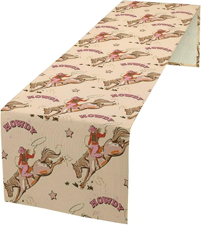 Western Cowboy Table Runner,Vintage Country Cowboy Horse Desert Print Table Runner for Farmhouse Kitchen Dining Table Holiday Home Party Decor 13x108in