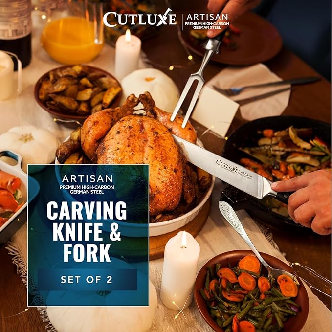 Cutluxe Turkey Carving Knife Set – Carving Fork & Knife for Meat, BBQ, Brisket – Razor Sharp Premium German Steel Full Tang, Ergonomic Handle, Grilling Gifts for Men – Artisan Series