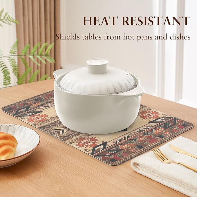 QIYI Placemats Set of 4, 12x18 Inch Faux Leather Place Mats for Kitchen Dinning, Heat Resistant Anti Slip Brown Table Mats, Waterproof Wipeable Washable Placemat Party Table Décor, Geometric Motifs