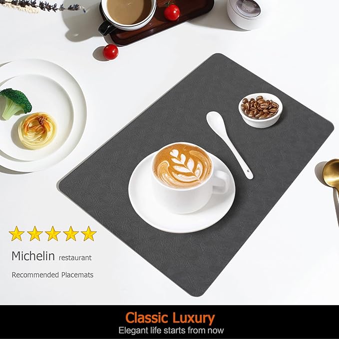Vinyl Placemats Set of 4 Faux Leather 100% Waterproof Wipeable Washable Place Mats Heat Resistant Easy Clean Non-Slip Table Mats for Indoor Outdoor. (4,Gray)