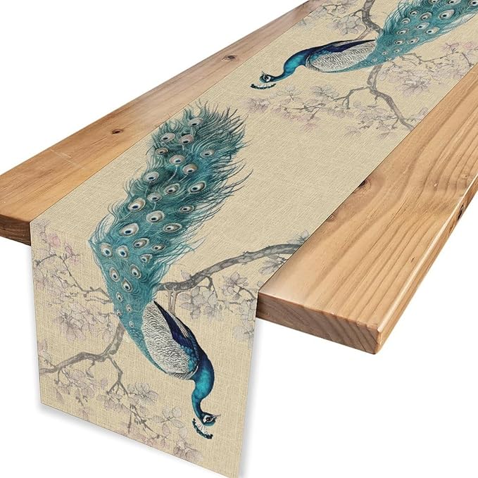 Peacock Table Runner,Retro Rustic Traditional Chinese Style Blossom Branch Table Runner Decor for Home Kitchen Dining Patio Holiday Party Indoor Table Decorations, 13"x108"