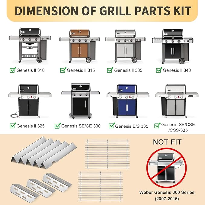 66095 Grill Grates 66032 Flavorizer Bars for Weber Genesis 2 Grill Parts 66795 Heat Deflector for Weber Genesis ii E-310 E-315 E-335 S-335 300 Series GS4 Replacement Parts, Stainless Steel