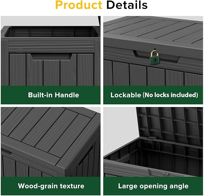 EasyUp 45 Gallon Outdoor Storage Box Waterproof, UV Resistant Deck Box Outdoor, Lockable Resin Deck Boxes for Garden Tools Equipment and Cushions, Black