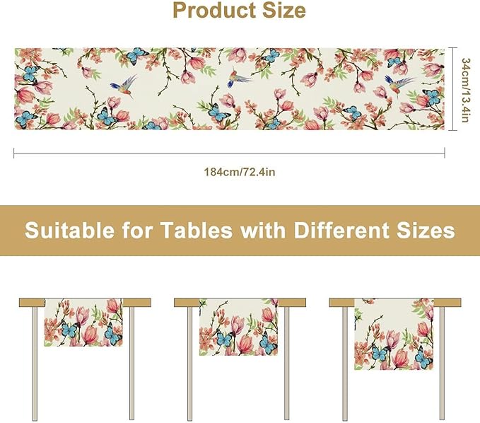 Spring Flower Table Runner, Seasonal Rustic Garden Flowers Bird Butterfly Print Table Runner for Home Kitchen Table Decor, 13x60inch