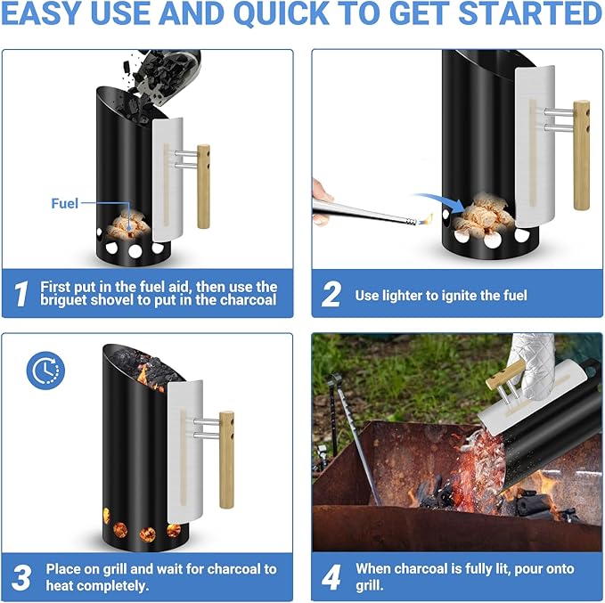 Charcoal Chimney Starter with Insulation Gloves and Briquet Shovel Set,Double Enameled Chimney Starter Double The Service Life with Heat Shield & Wood Handle Heat Insulation and Easy Grip