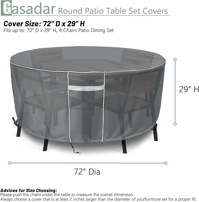 Gasadar Outdoor Round Patio Table Cover Waterproof, Round Patio Furniture Cover Outdoor for Table and Chairs,600D Heavy Duty, 72" Dia x 28" H, Grey