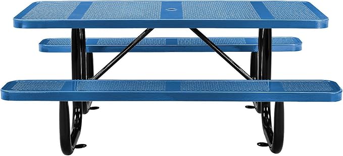 Global Industrial 72" Rectangular Picnic Table, Perforated Metal, Thermoplastic Coating, Attached Benches, 1-1/2” Umbrella Pole Hole, Outdoor-Rated, 1000 lbs Capacity, Blue
