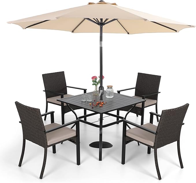Sophia & William 5 Pieces Patio Dining Set with 9 ft Beige Patio Umbrella, Outdoor PE Rattan Chairs and Square Metal Table Set with Cushions and 1.57" Umbrella Hole for Poolside Porch Backyard