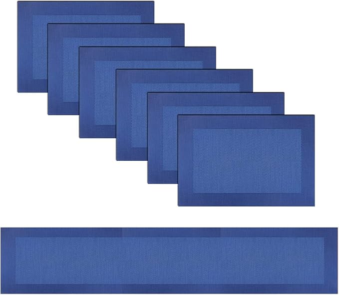Vinyl Placemats Set of 6 Vinyl Heat-Resistant Table Mats with Matching a Same-Style 72 inches Table Runner(7pcs,Blue)