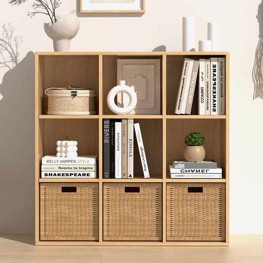 Wooden 9 Cube Storage Organizer with Closed Back Panel, Cube Shelf Heavy Duty Cubby Storage Organizer with Compartments for Living,Display Shelf,Bookshelf,Storage Furniture (Oak, 9-Cube)