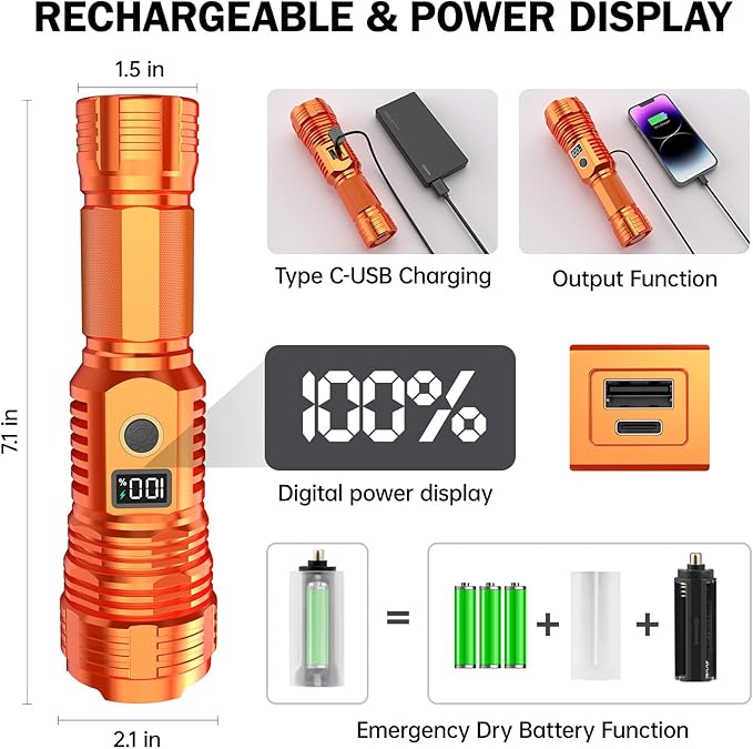 Flashlights High Lumens Rechargeable, LED Super Bright Flash Light Long Beam, Zoomable Linternas with LCD Digital Display, 5 Mode, Waterproof, Powerful Tactical Flashlight for Emergencies Camping Gift