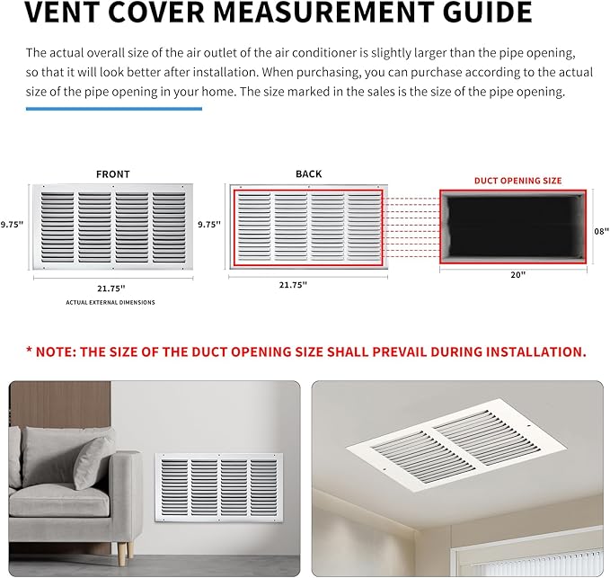20x8 Return Air Grille(Duct Opening Size),Air Return Vent Cover,Flat Vent Cover,Rejillas De Aire Acondicionado para Casa,Return Air Grilles,Outer Dimensions:21.75"Wx9.75"H(20"W x 8"H, Duct Opening)