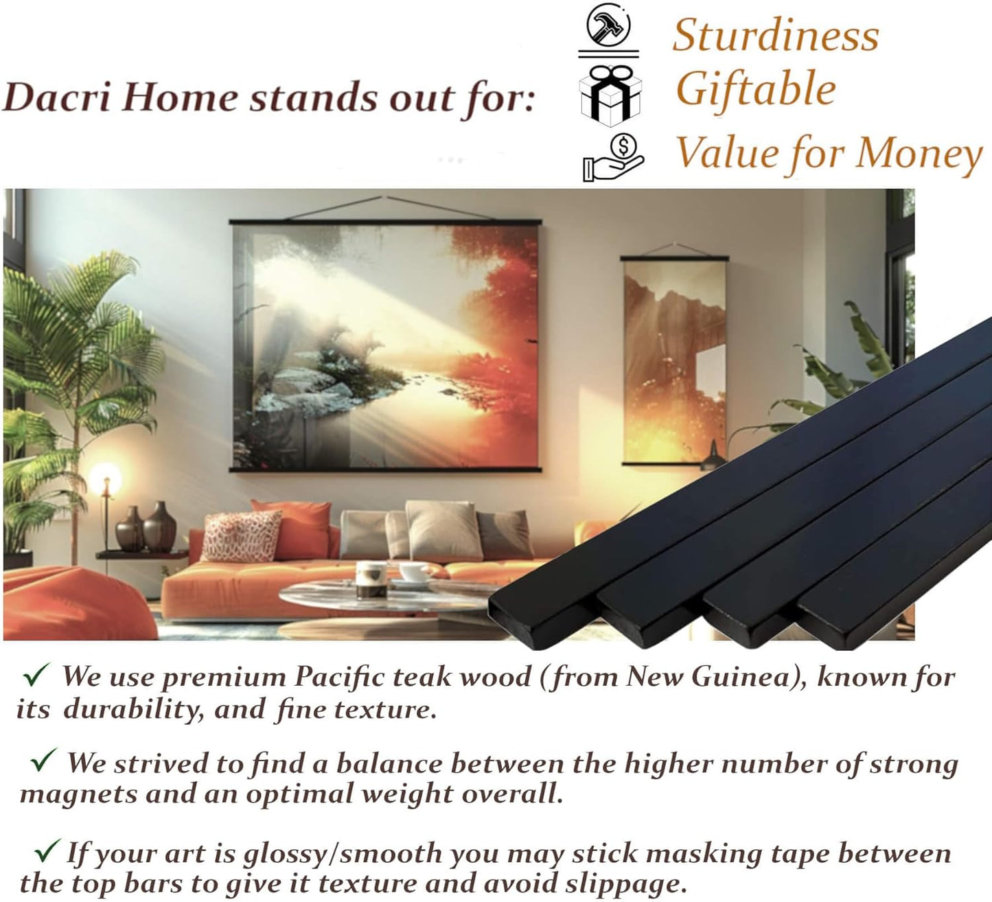 DACRI HOME 32" Wide Magnetic Poster Hanger Frame - 32x24 32x48 32x40 Wooden Frame, Premium Teak Wood, Strong Magnets, Quick Wall Hanging for Poster, Map, Picture, Print, Scroll (32 Inch, Black)