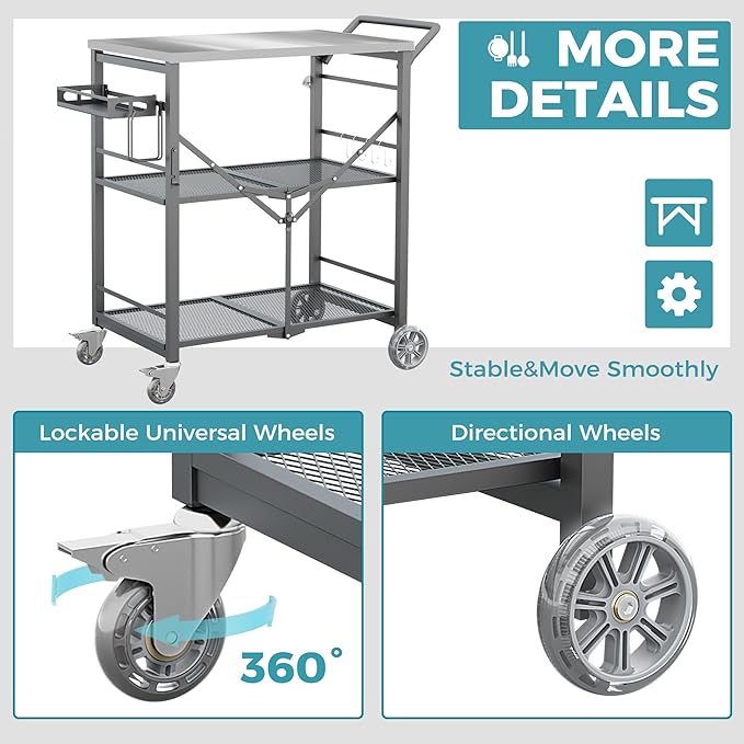 Ciokea Folding Outdoor Grill Cart with Wheels, 3-Shelf Grill Table with 27x18IN Stainless Steel Top, Rolling Pizza Oven Stand, Metal Portable Cart for BBQ Patio Camping (Grey)