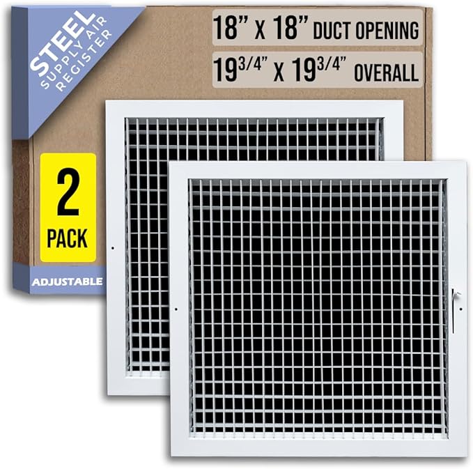 [2 Pack] Fits 18x18 Duct Opening Steel Adjustable Air Supply Grille by Handua | Register Vent Cover Grill for Sidewall and Ceiling | White | Out. Dim.: 19.75" X 19.75"
