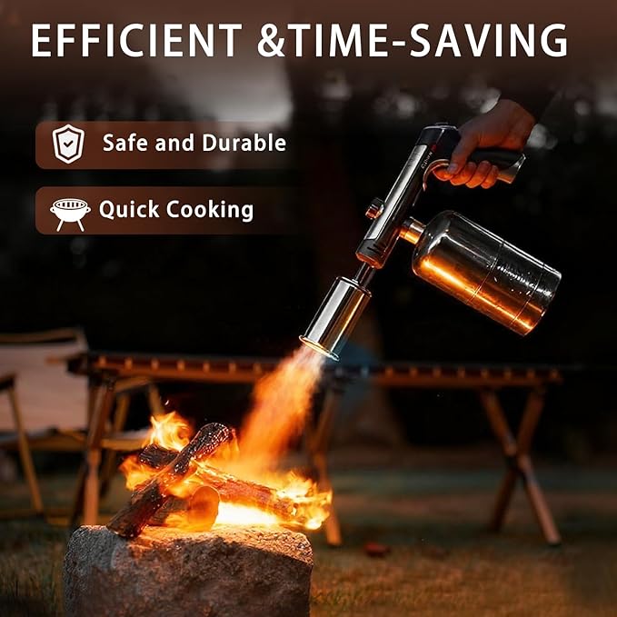 Powerful Propane Torch with One-Touch Max Fire, Kitchen Cooking Torch with Safety Lock, Adjustable Flamethrower Blow Torch for Grill, Sous Vide, BBQ, Campfire (Tank Not Included)