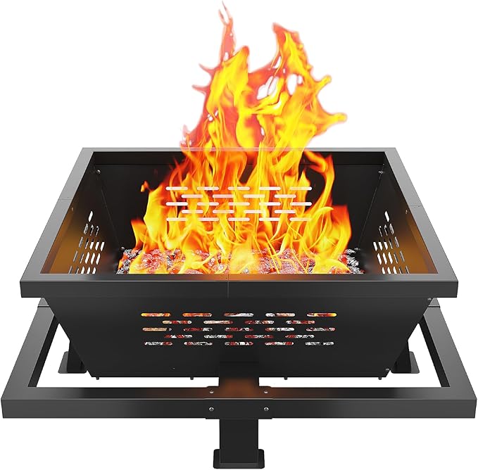 42" Large Fire Pit, Square Outdoor Fire Pit with Poker, Wood Burning FirePit for Camping, Backyard, Patio