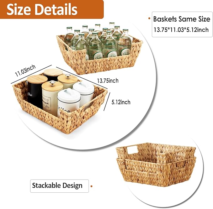Wicker Baskets 2 Pack, Water Hyacinth Wicker Storage Basket with Handles, Pantry Baskets Organization and Storage, Handmade Large Wickers Baskets for Organizing, Natural