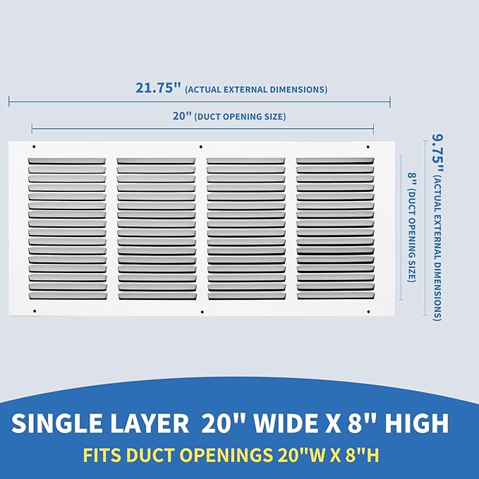 Air Return Vent Cover 20x8 (Duct Opening Size), Cold Air Return Vent Cover, Flat Return Air Grilles, AC Vent Cover, Outer Dimensions:21.75"W x 9.75"H (20"Wx8"H, Duct Opening)