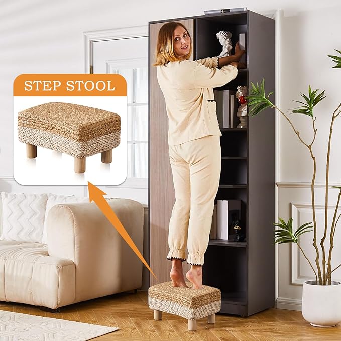 Wimarsbon Natural Seagrass Footstool Ottoman Rectangular Footrest Pouf Ottomans with Wooden Legs Hand Weave Step Stool for Living Room Bedroom Entryway White
