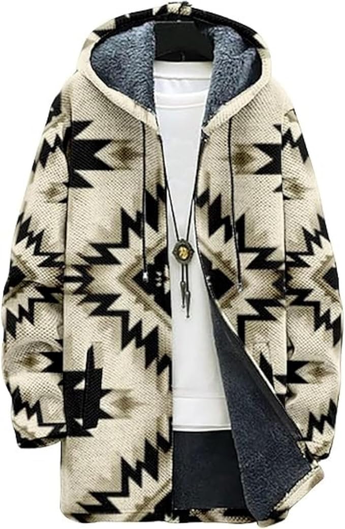 Men's Hooded Sweater Coat Knit Fleece Lined Long Cardigan Jacket with Zip Front Pocket Vintage Casual Zip Up