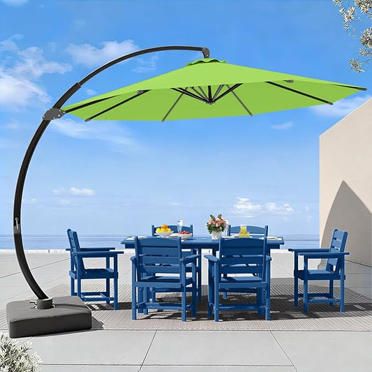 7 Piece Patio Dining Set with 11ft Patio Umbrella (Apple Green), 7 Navy Outdoor HDPE Dining Set with 6 Chairs + 1 Large Table, for Market, Pool, Garden, Backyard, Deck