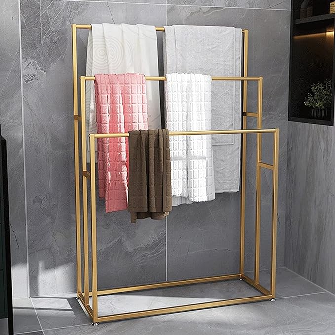 3 Tier Standing Towel Rack - Extra Wide Large Bathroom Towel Stand, Heavy-Duty Metal Towel Drying Rack for Poolside (Golden)