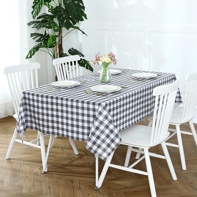 Romanstile Rectangle Vinyl Tablecloth, 100% Waterproof Buffalo Gingham Plastic Table Cloth, Heavy Duty Wipeable Checkered Table Covers for Outdoor, Camping, Picnic, Patio - 60 x 102, Grey and White