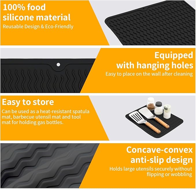 Grill Accessories, 14x11 Inch Silicone Heat Resistant Mat, BBQ Tool Rest Pad for Blackstone Griddle Side Shelf, Weber, Traeger, Outdoor Kitchen Countertop Protector (Black)