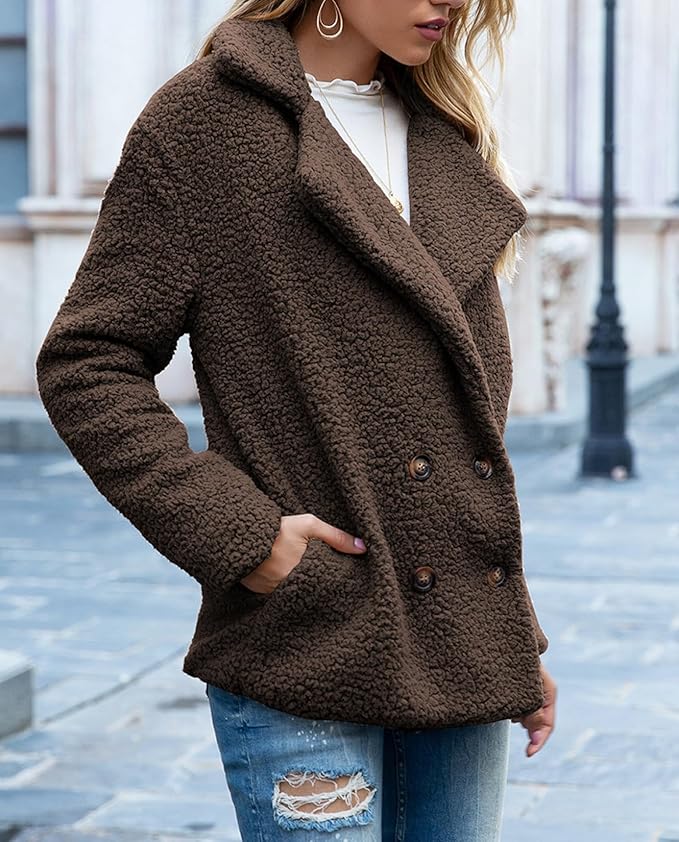 Women's Winter Warm Plush Cardigan Fuzzy Fleece Lapel Jacket with Buttons Pockets Long Sleeve Casual Outerwear