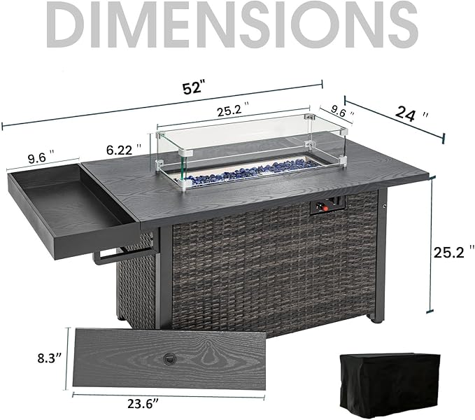 Sundale Outdoor 52 Inch Outdoor Fire Pit Table, 50,000 BTU Propane Fire Pits with Storage Shelf, Glass Wind Guard and Lid, Wicker Patio Gas Fire Pit for Outside Patio and Garden, CSA-Listed(Grey)