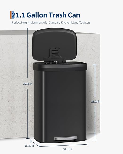 Garvee 21 gal / 80 L Metal Trash Can with Lid, Large Garbage Can for Kitchen, Rustproof Step-on Kitchen Metal Trash Bin with Liner Rim, Rear Handle, Soft Close Plastic Lid, Black