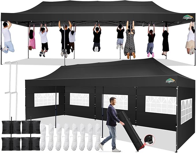 COBIZI 10x30 Pop up Canopy Tent 10x30 Canopy with 8 Sidewalls Waterproof Heavy Duty Commercial Tent for Parties Outdoor Garden Gazebo, Carry Bag with Wheel(10x30ft, Black)