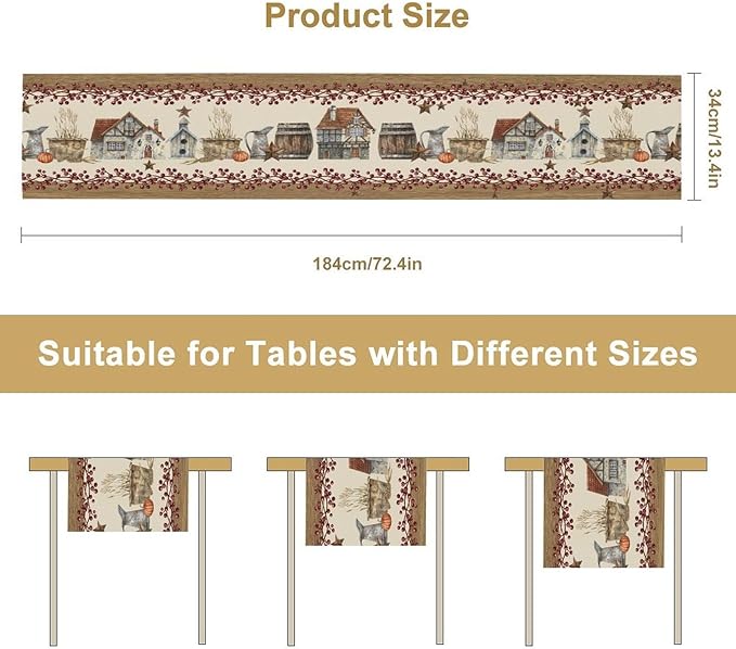 Western Texas Table Runner, Rustic Farmhouse Country Barn Berry Vintage Rural Houses Pumpkin Print Table Runner for Party Picnic Dining Kitchen Table Decor,13x120inch