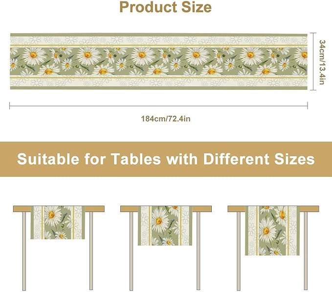 Daisy Flower Table Runner, Summer Watercolor Plants Floral Spring Garden Table Cover for Farmhouse Kitchen Dining Room Party Picnic Table Decor, 13x70inch