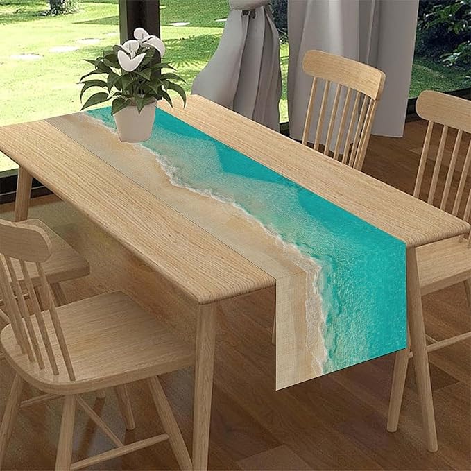 Blue Sea Waves Table Runner, Summer Turquoise Tropical Beach Sandy Ocean Clear Sea Water Coffee Table Center Deco, for Wedding Party Holiday and Living Room Table Decorations, 13" X 90"