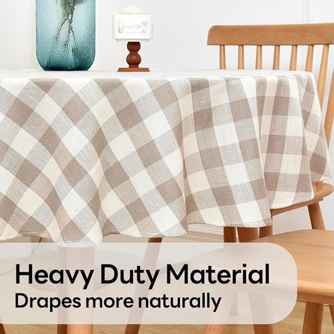 Gingham Table Cloth for Round Tables Beige Checkered Plaid Tablecloth Heavy Duty Cotton Blend Washable & Wrinkle Table Cover for Outdoor Kitchen Dining Picnic Camping (60 inch Diameter)