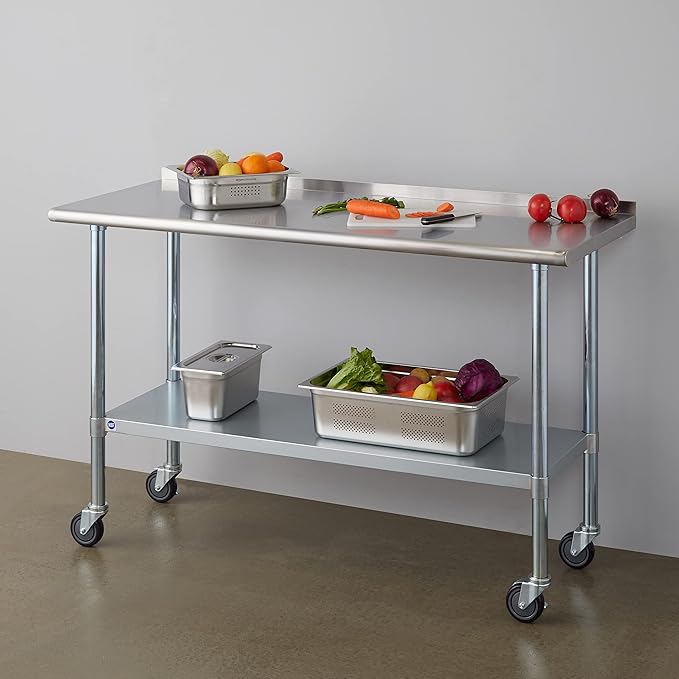 Stainless Steel Table for Prep & Work with Caster & Backsplash 24x60 Inches, NSF Metal Commercial Kitchen Heavy Duty Table with Adjustable Under Shelf and Table Foot for Restaurant, Home and Hotel