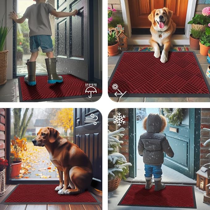 Smiry Front Door Mat Outside Entrance, Heavy Duty Outdoor Indoor Mat, Natural Rubber Doormat, Non Slip, Trap Dirt and Moisture, Easy Clean, Low Profile Patio Porch Entryway Mat, 35x23, Wine Red