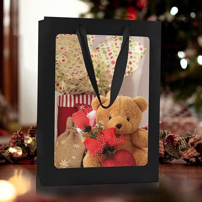 40 Pcs Black Paper Gift Bags with Transparent Window, 9.84"x7.0"x5.12" Kraft Shopping Bags with Handles for Bouquet Christmas Birthdays Festivals Party Weddings Wrapping