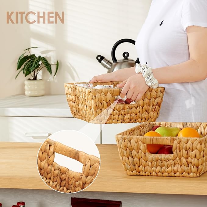 Wicker Baskets 2 Pack, Water Hyacinth Wicker Storage Basket with Handles for Organizing, Handmade Large Baskets, Natural