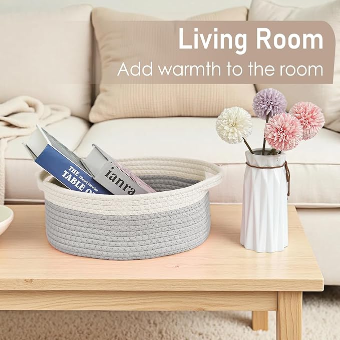 Woven Basket,Small Rope Storage Bin with Handles & Ribbon Bag, Organizer for Shelves Closets,Gift Basket Empty for Birthday,Books,Dog Toys, White&Grey/3 Pack