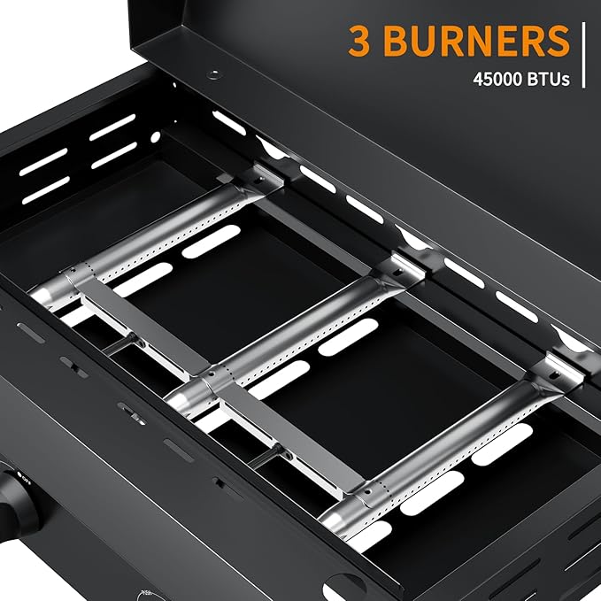 3 Burner BBQ Gas Griddle with Hood, 25.6 Inch Stainless Steel Portable Detachable Propane Griddle, 45,000 BTU Flat Top Barbecue Grill with Lid for Camping