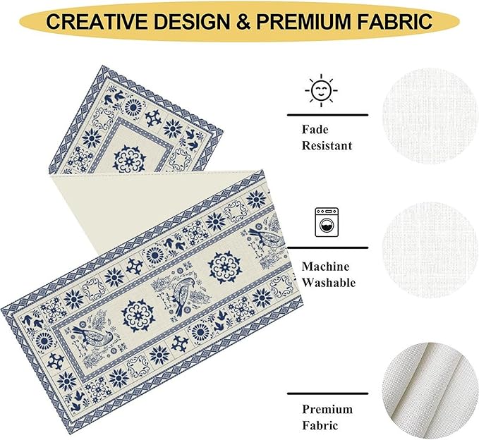 Mexican Table Runner, Blue Floral Birds Mexico Talavera Tiles Ceramic Dia De Los Muertos Coffee Table Center Decor for Family Kitchen and Dining Farmhouse Indoor Outdoor Table Decorations, 13"x36"