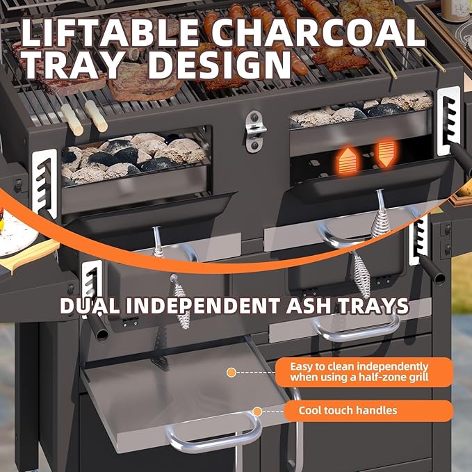 MELLCOM Charcoal Grills, 36 In Large BBQ Grill with Storage Cabinet, 620 Sq.In Oversized BBQ Area, Individual Lifting Charcoal Trays, Foldable Side Tables and Thermometer for Patio, Outdoor, Balcony