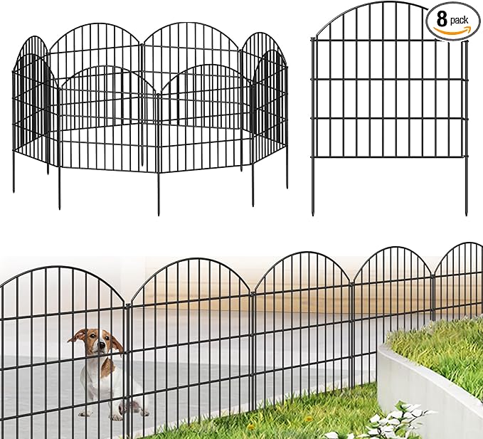 Metal Garden Fence 28in (H) x 18.7ft (L), 8 Panels + 9 Stakes Dog Fence Border Fence Animal Barrier, No Dig Garden Fencing for Yard Flower Bed Lawn Patio Outdoor, CTW2829 Black
