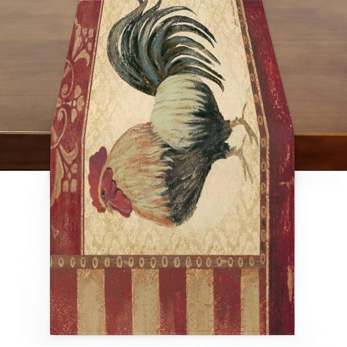 Vintage Watercolor Rooster Table Runner Kitchen Dining Table Runner 13*60in Table Center Decor for Indoor Outdoor Home Holiday Party