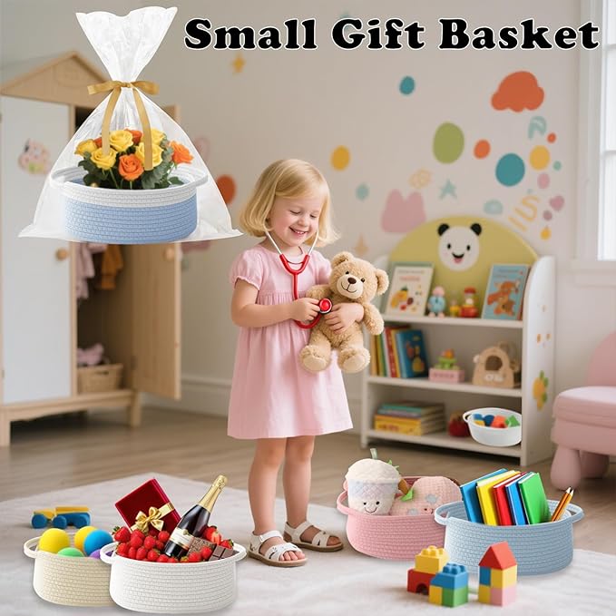 Gift Basket with Gift Bag and Ribbons,Small Rope Woven Shelf Storage,Baskets for Gifts Empty,Birthday,Baby Shower,Decorative Organizer Box with Handles(White&Blue)