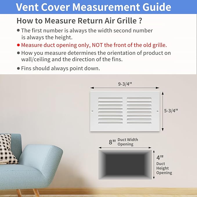 8"W x 4"H [Duct Opening Size] Steel Return Air Grille, Air Return Vent Cover for Ceiling and Sidewall - HVAC Air Vent Covers - [Outer Dimensions: 9.75"W x 5.75"H]